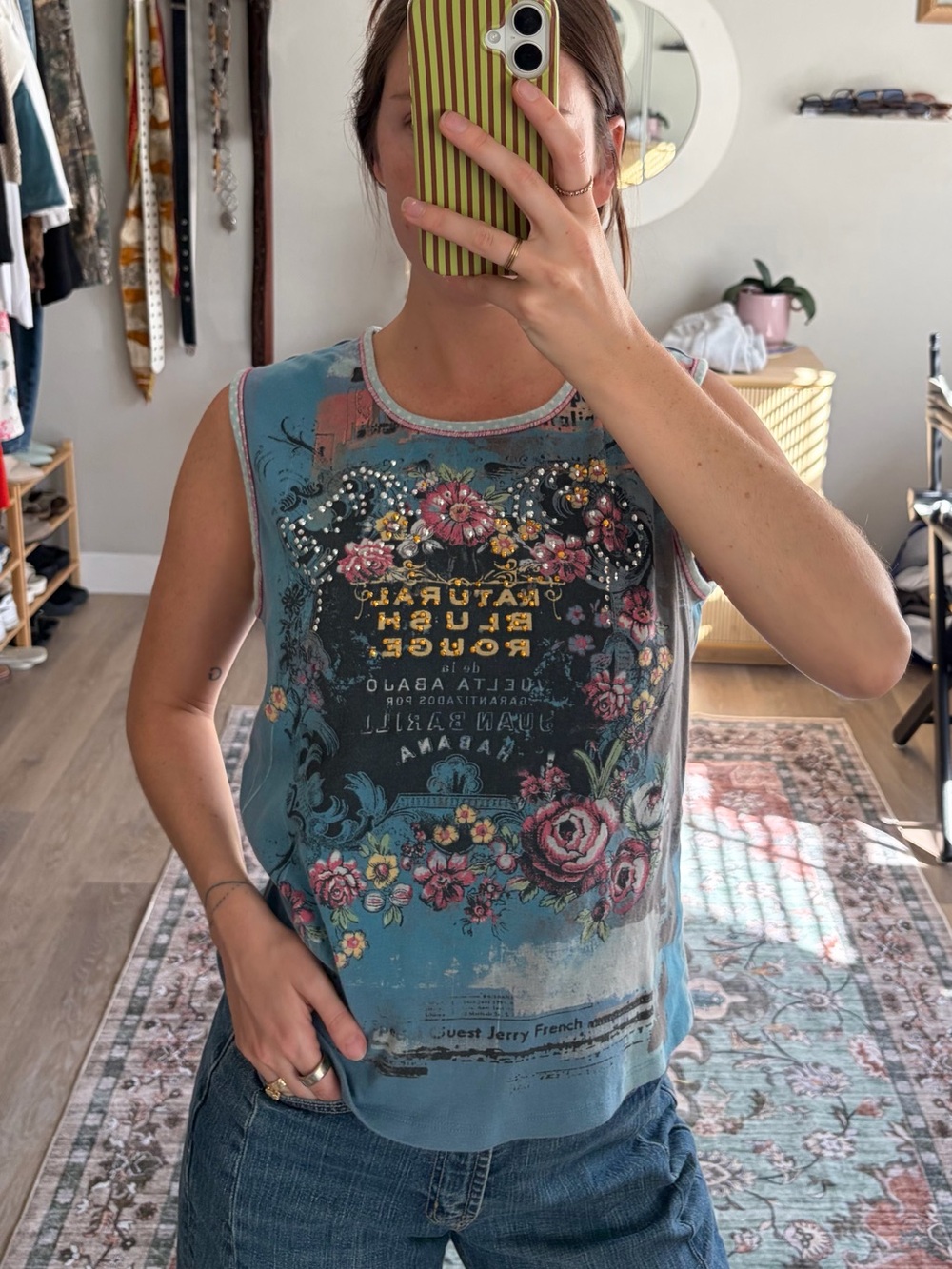 Vanilla Sugar Y2K Floral Rhinestone Graphic Tank Top Size L